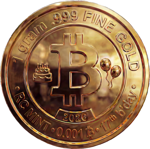 Bitcoin 17th Birthday – 1g 999 (24 K) Gold (Funded) (front)